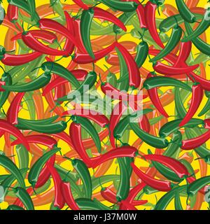 Hot Chili Peppers, doodle Musterdesign. Helle Cartoon-Design-Element für Textil- oder Café-Menü. Aneinander Vektor Hintergrund, rot, grün, gelb und Stock Vektor