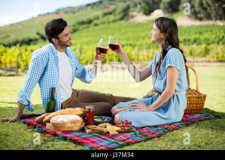 Glückliches Paar Toasten Weingläser sitzend auf der Picknickdecke Stockfoto