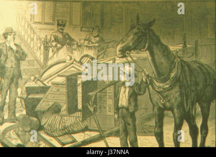 Dieser Titel bezieht sich wahrscheinlich auf eine Veranstaltung oder Szene aus dem Jahr 1888, die sich auf das Konzept der Demenagement (französisch für „Moving“) bezieht und sich auf das Thema Verlagerung oder Verkehr konzentriert. Stockfoto