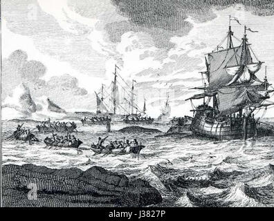 Der Wallfisch wird ans Schiff gerudert, übersetzt: Der Wal wird zum Schiff gerudert. Sie bezieht sich wahrscheinlich auf ein Ereignis oder einen Prozess, bei dem ein Wal transportiert oder auf ein Schiff zubewegt wird, möglicherweise zum Studium oder zum Fang. Stockfoto