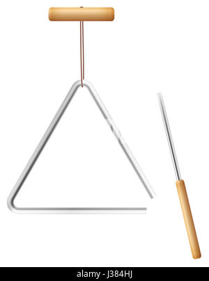 Dreieck auf einer Saite und Metall Beater mit Holzgriff - Musikinstrument in Perkussion Familie - isoliert auf weißem Hintergrund. Stockfoto