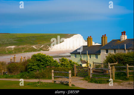 Coastguard Cottages und sieben Schwestern Kreidefelsen an einem sonnigen Tag mit Cuckmere Haven und South Downs Way. Stockfoto