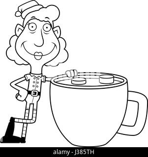 Eine Abbildung eines Zeichentrickfilms Christmas Elf Oma mit einer Tasse heißer Schokolade. Stock Vektor