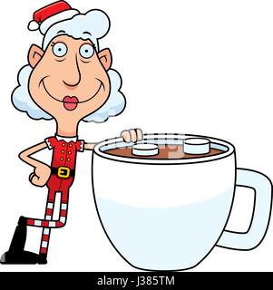 Eine Abbildung eines Zeichentrickfilms Christmas Elf Oma mit einer Tasse heißer Schokolade. Stock Vektor