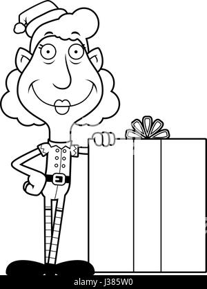 Eine Abbildung eines Zeichentrickfilms Christmas Elf Oma mit eine große Gabe. Stock Vektor