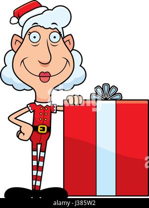 Eine Abbildung eines Zeichentrickfilms Christmas Elf Oma mit eine große Gabe. Stock Vektor