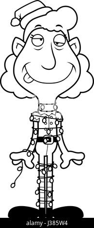 Ein Beispiel für eine Karikatur Weihnachten Elf Oma verstrickt in Weihnachtsbeleuchtung. Stock Vektor