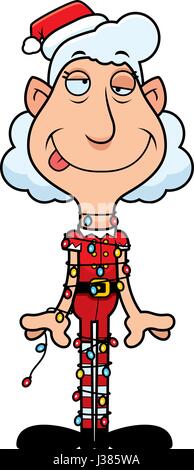 Ein Beispiel für eine Karikatur Weihnachten Elf Oma verstrickt in Weihnachtsbeleuchtung. Stock Vektor