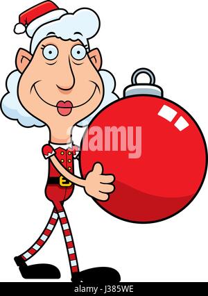 Eine Abbildung eines Zeichentrickfilms Christmas Elf Oma trägt eine Christbaumkugel. Stock Vektor