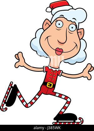 Ein Beispiel für eine Karikatur Weihnachten Elf Oma Schlittschuhlaufen auf Zuckerstangen. Stock Vektor