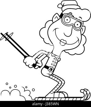 Ein Beispiel für eine Karikatur Weihnachten Elf Oma Skifahren auf Zuckerstangen. Stock Vektor