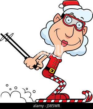 Ein Beispiel für eine Karikatur Weihnachten Elf Oma Skifahren auf Zuckerstangen. Stock Vektor