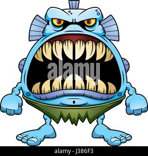 Eine Karikatur Illustration einer Kreatur Fisch mit einem großen Mund voll von scharfen Zähnen. Stock Vektor
