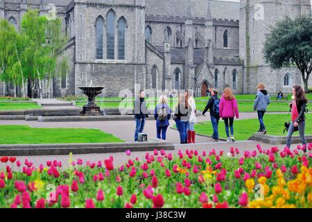 Menschen vermischen und interagieren in einem Park in der St. Patrick's Cathedral in Dublin. Die Kathedrale stammt aus dem Jahre 1254 bis 1270. Dublin, Irland. Stockfoto