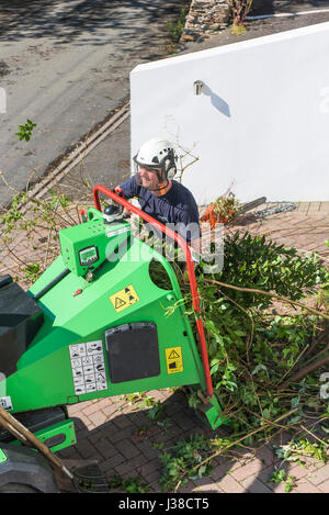 GreenMech Baumpfleger 150 Holz Häcksler Baumpfleger Baumpflege Branche Entsorgung Laub Maschinenhandbuch Arbeitnehmer Schutzkleidung Ausrüstung Stockfoto