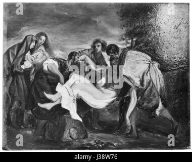 „De Graflegging van Christus“ von Anna Maria Immerzeel, geschaffen zwischen 1817 und 1883. Das Kunstwerk spiegelt die düstere Szene wider, in der der Körper Christi in das Grab gelegt wird, ein Thema, das in der religiösen Kunst häufig vorkommt. Stockfoto