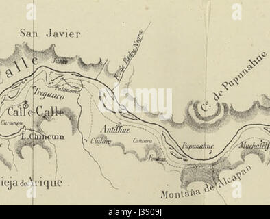 De Calle Calle ein Pupunahue En el Mapa De La Expedicion de Francisco Vidal Gormaz Stockfoto