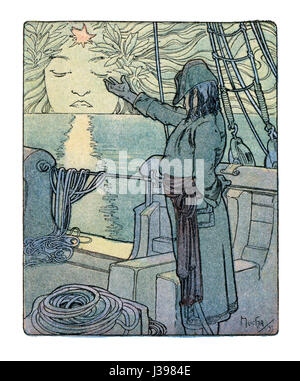 Clio ist ein Werk von Alphonse Mucha, das 1931 entstanden ist. Mucha, bekannt für seinen Jugendstil, fängt die Muse Clio, die griechische Göttin der Geschichte, in einem komplizierten und stilisierten Design ein, das klassische Themen mit moderner Ästhetik verbindet. Stockfoto