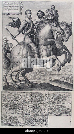 Dieser Titel bezieht sich auf die militärischen Taten von Ambrosio Spinola, einem spanischen General aus dem 17. Jahrhundert. Das Werk wurde wahrscheinlich von Crispijn van der Passe I illustriert und zeigt Spinolas militärische Eroberungen, insbesondere im Dreißigjährigen Krieg. Stockfoto