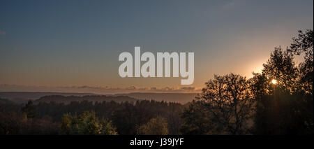 Sonnenuntergang hinter dem Baum mit Wald und die Berge im Hintergrund Stockfoto