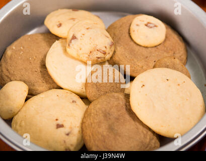 Auswahl verschiedener Größe braun gefärbten Cookies, liegen in einer Schüssel, wie gesehen von oben, Gebäck-Konzept Stockfoto