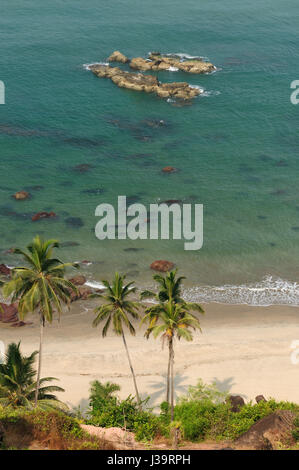 Tropischen Sandstrand mit Kokospalmen und traditionellen Boot - Strand von Arambol, Goa, Indien Stockfoto