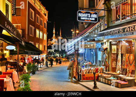 ISTANBUL, Türkei - 24. April 2017: Restaurants sind große touristische Attraktion und wichtiger Teil des Nachtlebens in der Nachbarschaft Fläche von Sultan Ahmed M Stockfoto