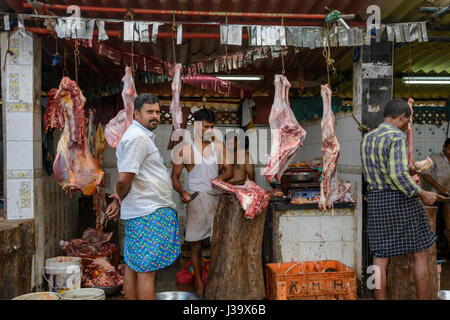 Fleischmarkt in Thalassery (Tellicherry), Kannur Bezirk (Cannanore), Kerala, Süd-Indien, Südasien Stockfoto