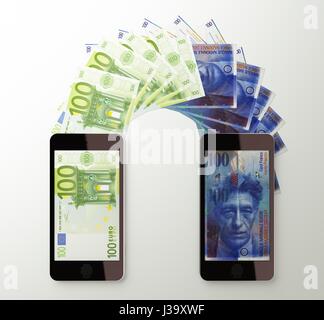 Internationalen mobilen Geldtransfer mit Smartphone, Euro, Schweizer Franken. 3D gerenderte Darstellung. Stockfoto