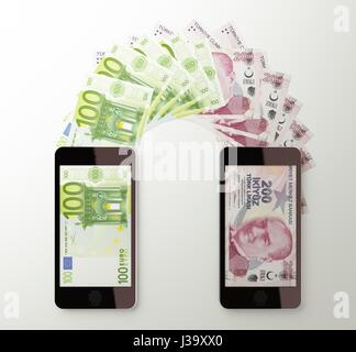 Internationalen mobilen Geldtransfer mit Smartphone, Euro, türkische Lira. 3D gerenderte Darstellung. Stockfoto