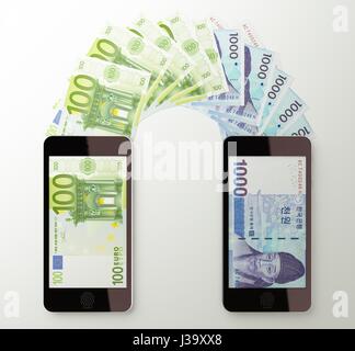 Internationalen mobilen Geldtransfer mit Smartphone, Euro auf Koreanisch gewonnen. 3D gerenderte Darstellung. Stockfoto