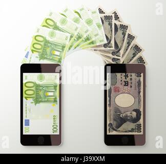 Internationalen mobilen Geldtransfer mit Smartphone, Euro, japanischer Yen. 3D gerenderte Darstellung. Stockfoto