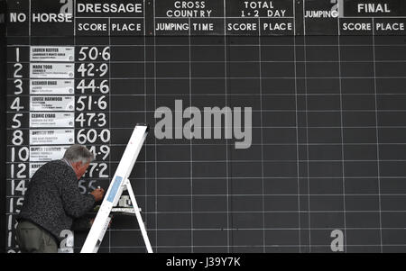Die Anzeigetafel wird tagsüber zwei 2017 Badminton Horse Trials aktualisiert. Stockfoto