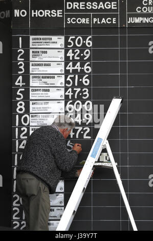 Die Anzeigetafel wird tagsüber zwei 2017 Badminton Horse Trials aktualisiert. PRESSEVERBAND Foto. Bild Datum: Donnerstag, 4. Mai 2017. Vgl. PA Geschichte EQUESTRIAN Badminton. Bildnachweis sollte lauten: Andrew Matthews/PA Wire Stockfoto