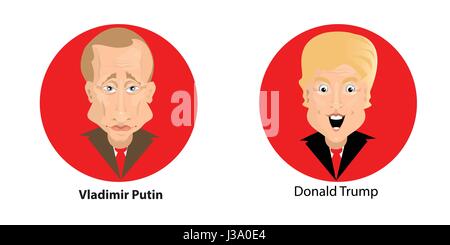 Donald Trump Präsident der Vereinigten Staaten und Putin Vladimir von Rußland. Illustration für Ihr Design. Büste. Auf dem Hintergrund ein roter Kreis Stock Vektor