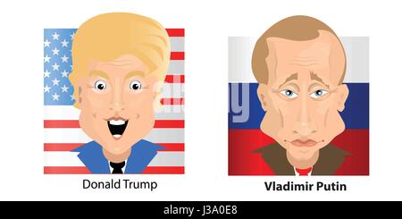 Donald Trump Präsident der Vereinigten Staaten und Putin Vladimir von Rußland. Illustration für Ihr Design. Büste. Auf einem quadratischen Flagge Hintergrund Stock Vektor