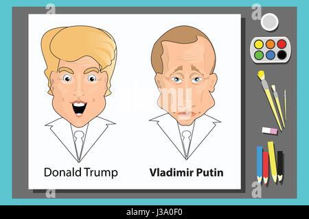 Donald Trump Präsident der Vereinigten Staaten und Putin Vladimir von Rußland. Illustration für Ihr Design. Auf Leinwand mit Farben und Pinsel. Zeichnung Stock Vektor