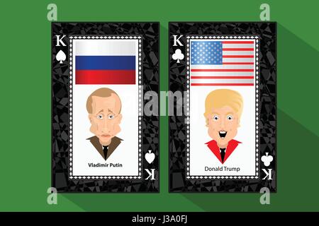 Donald Trump Präsident der Vereinigten Staaten und Putin Vladimir von Rußland. Illustration für Ihr Design. Karte König club und auf dem Hintergrund der Schaufel Stock Vektor