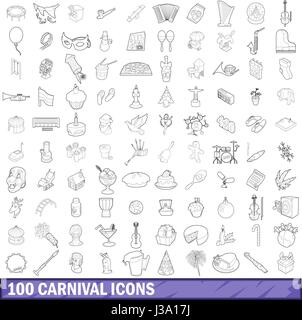 100 Karneval Icons Set, Umriss-Stil Stock Vektor