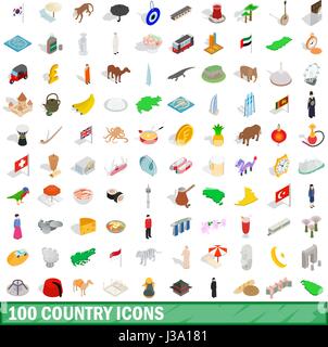 100 Land Icons Set, isometrischen 3d Stil Stock Vektor