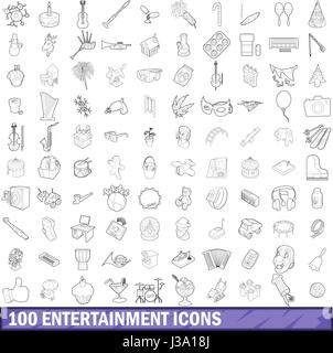 100 Unterhaltung Icons Set, Umriss-Stil Stock Vektor