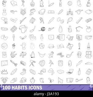 100 Gewohnheiten Icons Set, Umriss-Stil Stock Vektor