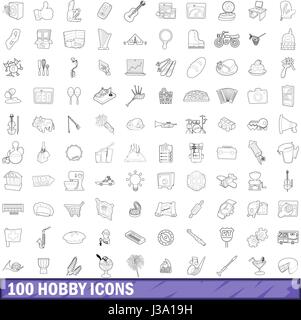 100 Hobby Icons Set, Umriss-Stil Stock Vektor