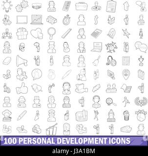 100 Persönlichkeitsentwicklung Icons Set, Umriss-Stil Stock Vektor