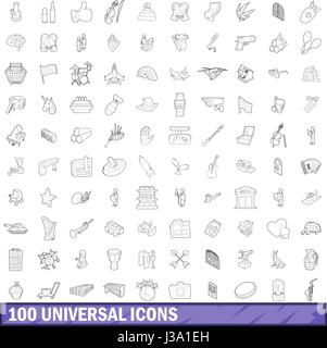 100 universal Icons Set, Umriss-Stil Stock Vektor