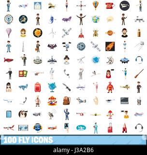 100 fliegen Icons Set, Cartoon-Stil Stock Vektor
