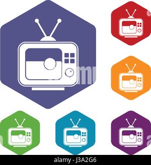 Fußballspiel auf TV Icons Set Sechseck Stock Vektor