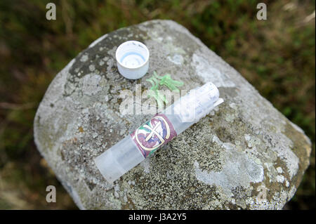 Großvater und Enkel Geocaching auf der North Yorkshire Moors, in der Nähe von Captain Cooks Monument. Stockfoto