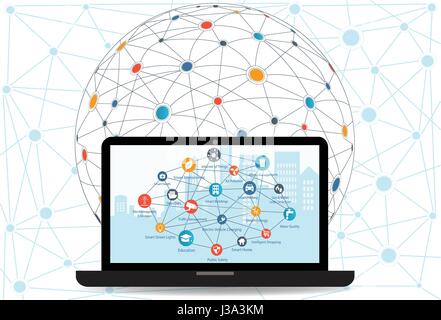 Internet-Networking-Konzept und Cloud computing-Technologie. Laptop mit Smart City im Hintergrund mit anderes Symbol und Elementen. Internet der Dinge / Stock Vektor