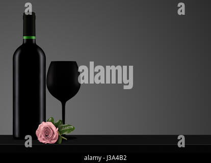 horizontale Frontansicht Foto basierte 3d Abbildung mit schwarz kein Etikett Wein Flasche mit geschlossener Kappe und rosa rose Blume auf dunklem Hintergrund Stockfoto